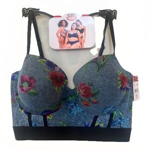 Parade Bra Women M Padded Push Up Floral Adjustable‎ Straps Sheer Inset Blue New